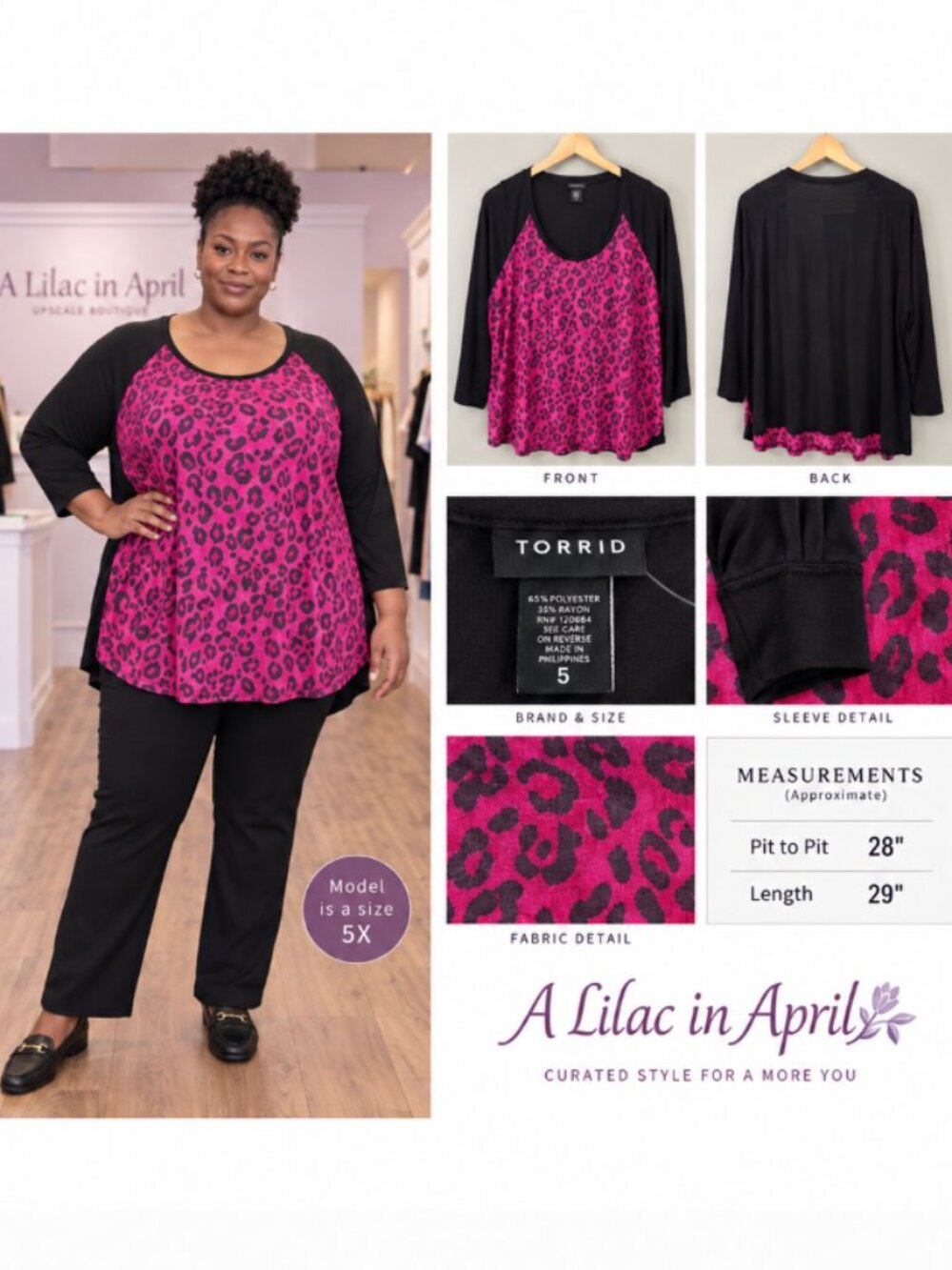 Torrid Size 5 Magenta & Black Leopard Print Raglan Sleeve Super Soft Tunic Top